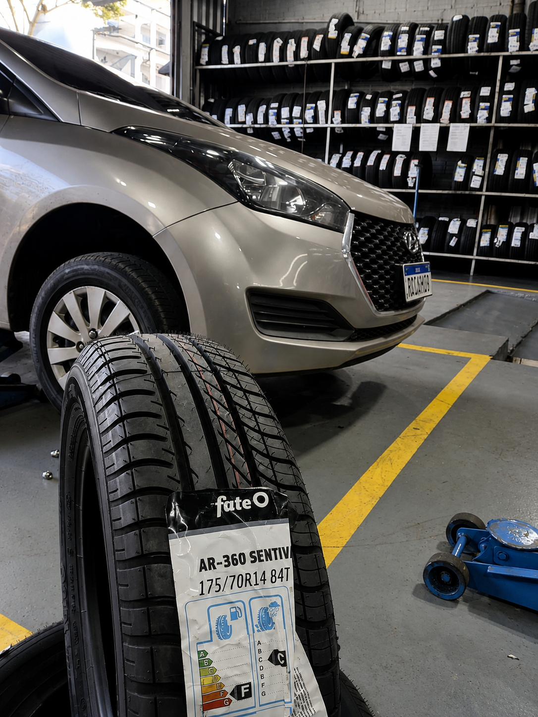 Pneu novo e carro em atendimento na borracharia